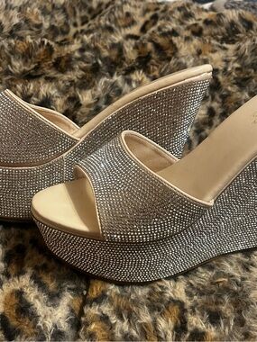 Beige Crystal-Embellished Platform Wedge Sandals